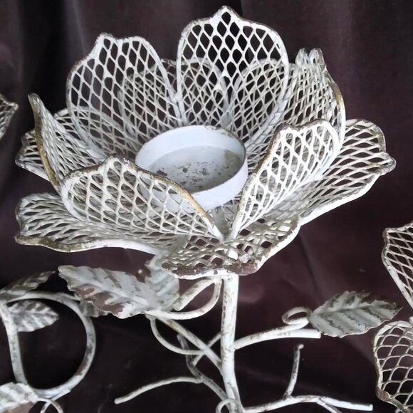 Set of 3 Weathered Rustic Cottage Shabby Chic Metal Flower Votive Candle Holders - Picture 6 of 12